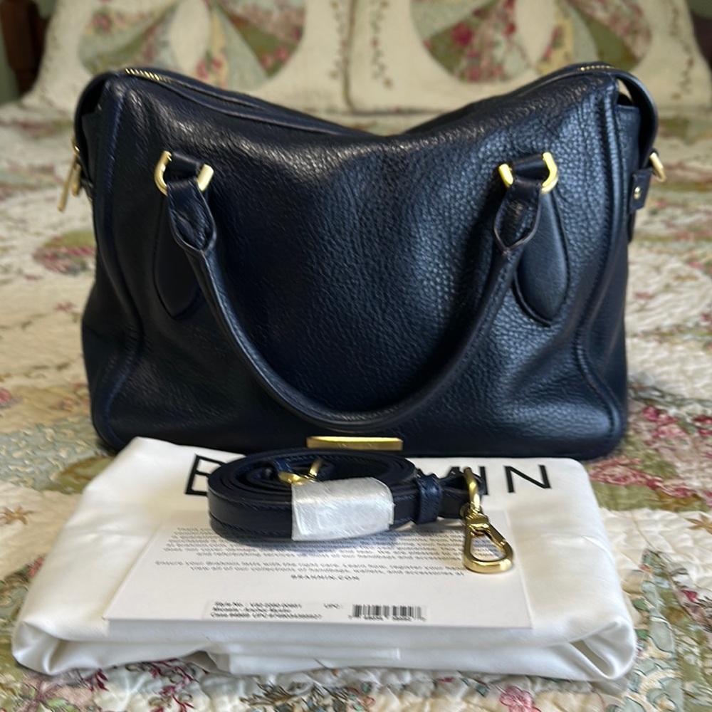 Brahmin Blue and Gold Satchel Bag with Structured Design